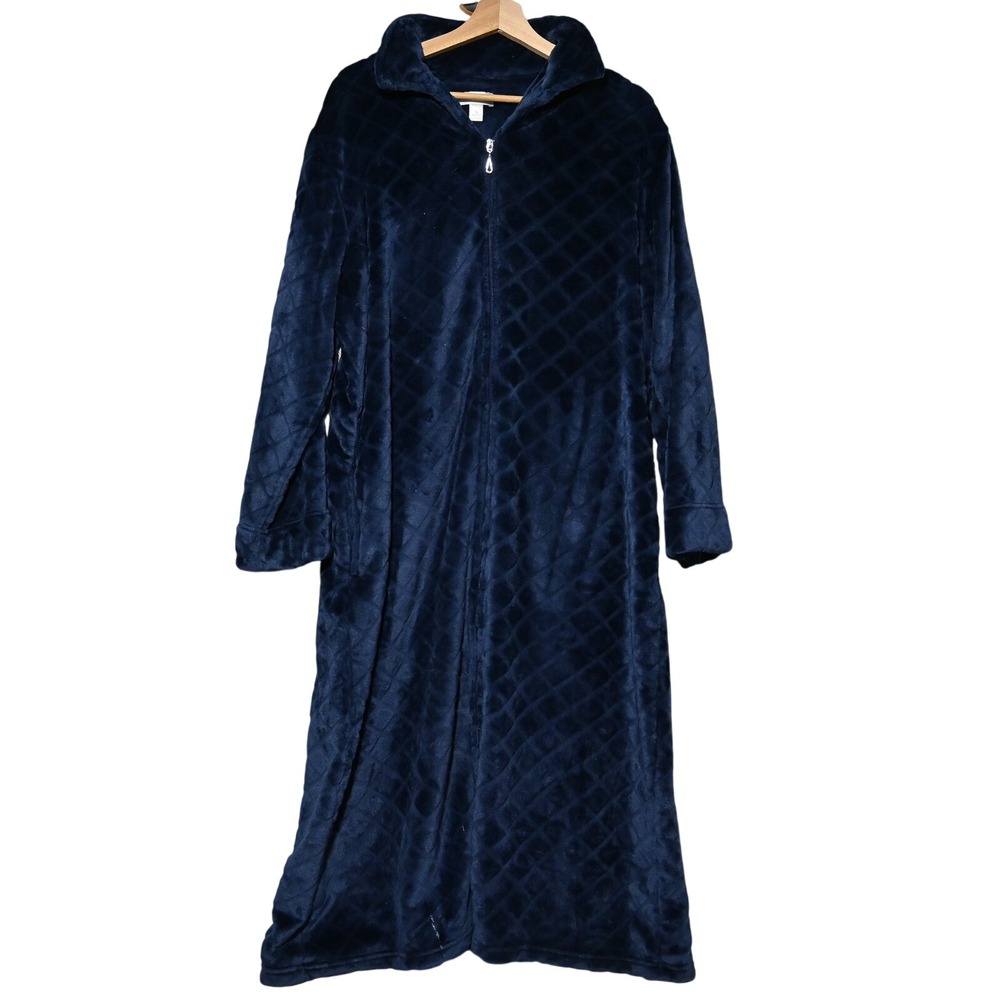 Miss Elaine Robe Womens Full Zip Diamond Quilted Plush Fleece Large Navy Blue